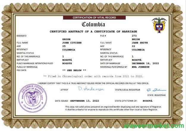 Colombia marriage certificate Word and PDF template